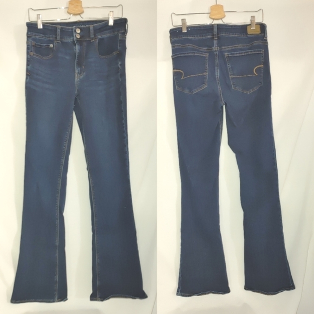 American Eagle High Hi Rise Artist Flare Jeans Stretch 12 X Long Dark Wash